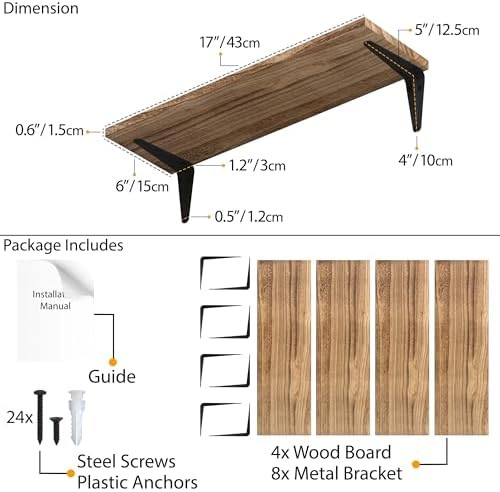 Wallniture Arras Floating Shelves for Wall Storage, Wood Wall Shelves for Kitchen Organization and Storage, Set of 4, 17