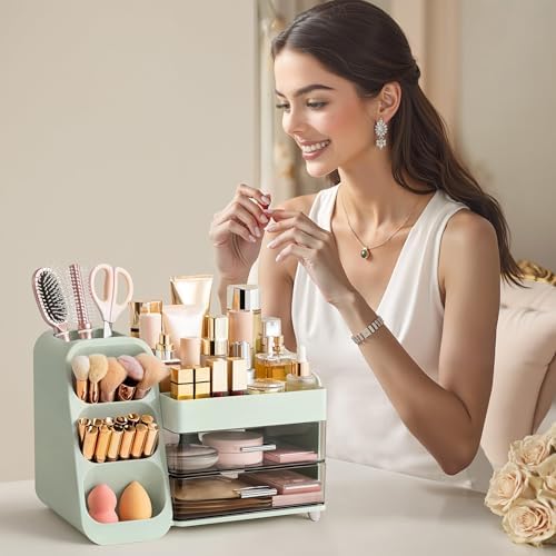 HBlife Makeup Organizer with Brush Holder for Vanity, Large Plastic Bathroom Countertop Organizer Skin Care Storage, Eas