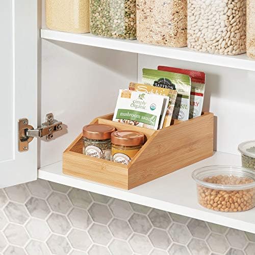 mDesign Bamboo Wood Food Storage Bin with Divided 3 Compartments and Sloped Front for Kitchen Cabinet, Pantry, Shelf to 