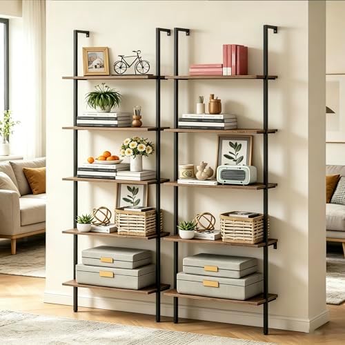 Wolawu 5 Tiers Ladder Shelf 2-Piece Black Modern Tall Bookshelf Open Large Tall Wall Mount Storage Bookcase Standing Lea