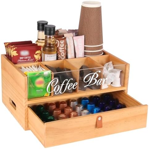2-Tier Coffee Bar Organizer with Clear Acrylic Top, Built-in Drawer and Leather Handle Pull for Countertop, Stylish Coff
