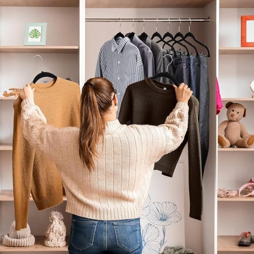 VECELO 20 Pack Black Velvet Clothes Hangers with Adjustable Clips,Heavy-Duty Non Slip & Space-Saving with 1 Magic Hangers and 2 Tie Rack for Suit Coat Pants Skirt Dresses