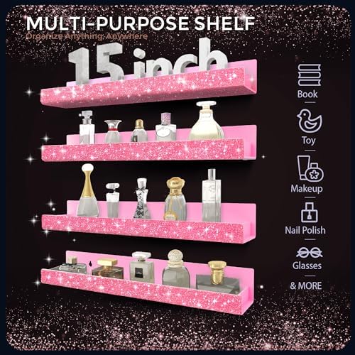 4 Pack Nail Polish Wall Rack, Pink Rhinestone Acrylic Organizer