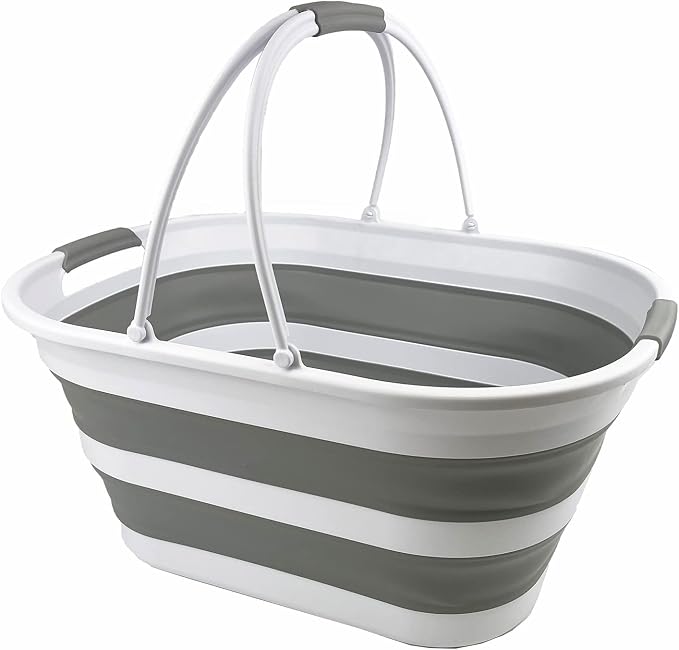 SAMMART 38L (10 Gallons) Collapsible Plastic Laundry Basket - Foldable Storage Container/Organizer - Portable Washing Tub - Space Saving Laundry Hamper (White/Grey)