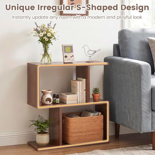 Tangkula 2 Tier Geometric Bookshelf, Freestanding Wooden Display Shelf, Home Office Room Divider S Shaped Open Bookcase,
