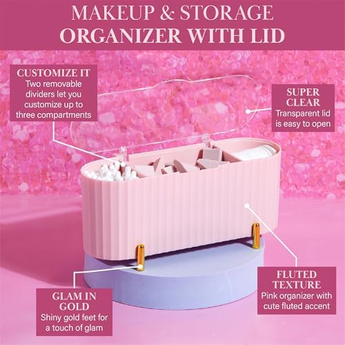 Paris Hilton Makeup & Storage Organizer with Lid, Customizable 3-Compartment Tray, Elegant Ribbed Design, Compact & Dura