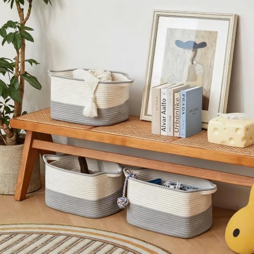 2PC Woven Storage Basket for Shelves, 15"x10"x9" Cotton Rope Storage Basket