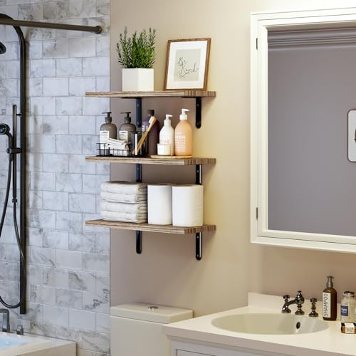 Fixwal Wall Floating Shelves for Room Decor, 4 Sets Floating Shelves for Wall Storage, Wood Wall Mounted Shelf for Bedroom Decor, Bathroom Storage, Book Shelf for Wall-Rustic Brown