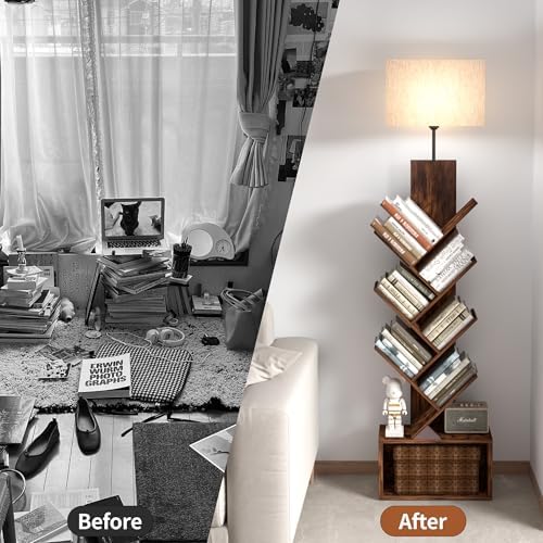 3-Tier Tree Bookshelf with 3-Color LED Lights, Small Narrow Tall Floor Standing Bookcase with Storage Organizer, Rustic 