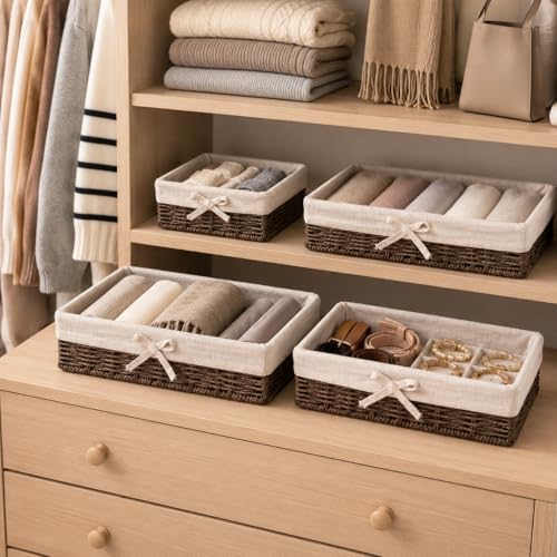 Lined Baskets for Shelves, Set of 4 Woven Paper Rope, Brown