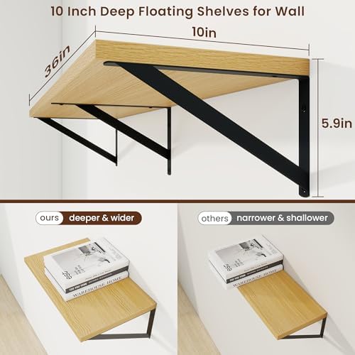 Axeman Deep Floating Shelves, 36'' x 10'' Oak Wall Shelves Set of 2