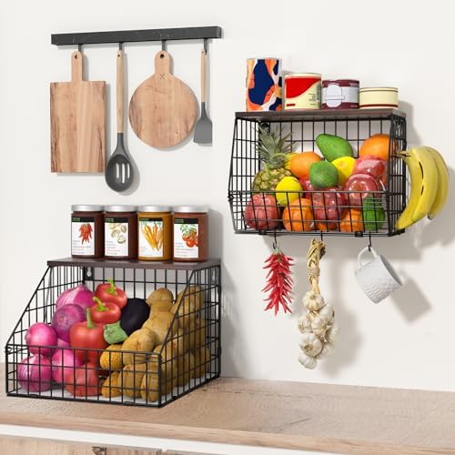 Fruit and Vegetable storage, 2 Set Wall Mounted Wire Baskets, Fruit Basket for Kitchen Counter, Hanging Fruit Basket, Po