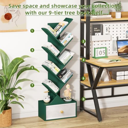 SHEEPAM 8-Tier Tree Bookshelf Floor Standing Storage Bookcase with Drawer