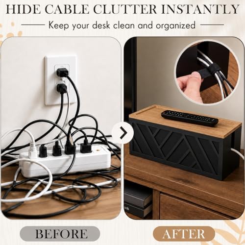 Chunful Large Wooden Cable Management Box, Geometric, Black