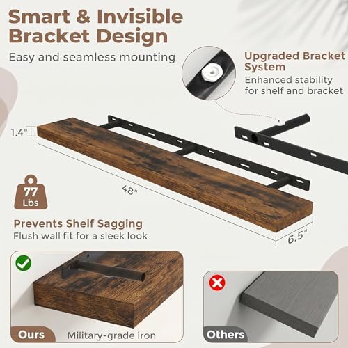 48 Inch Floating Shelves for Wall, 6.5"D Wood Storage Shelves, Brown Finish