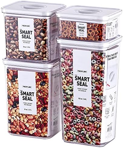 Neoflam Smart Seal 4pc Rectangular Extra Large Airtight Kitchen Pantry Canister/Organizer Clear Plastic Storage Container Set, Simple Twist Lid, 100% Leak Proof, Dishwasher Safe, BPA Free, White