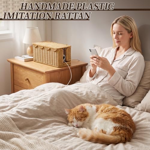 Handmade Rattan Cable Management Box, 2 Open Slots Cords Hider Box