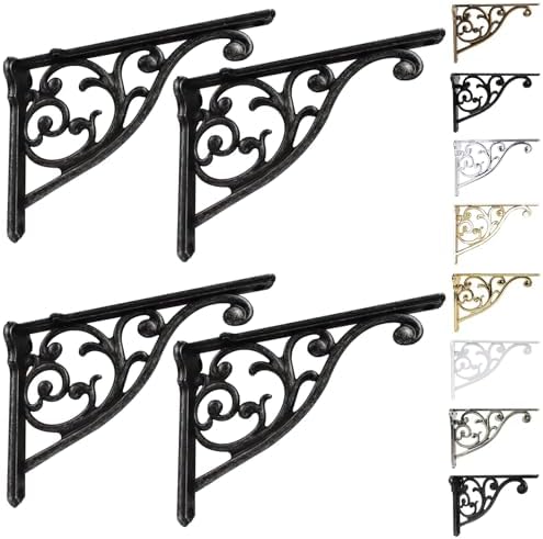 Khtumeware Ornate Decorative Shelf Brackets, 12 inch Big wall Mounted Shelving Bracket, 4 Pack Black Iron Vintage Metal 