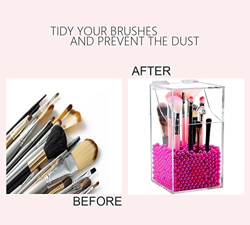 Clear Cosmetic Brush Organizer,Acrylic Brush Holder with Lid,Dust-proof Makeup Brush Holder with Free Rosy Pearls for Va