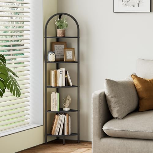 Homhedy 5-Tier Arched Corner Shelf Stand, Wall Corner Bookshelf