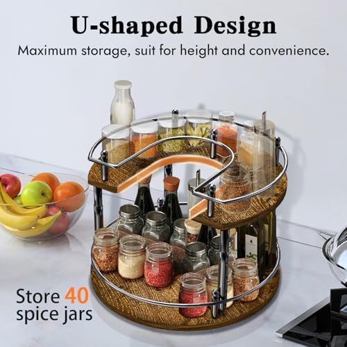2 Tier Lazy Susan Organizer Turntable for Cabinet U-Shape Spinning Makeup Organizer 11.8" Rotating Spice Rack Height Adj