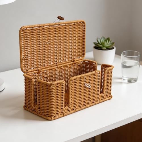 Rattan Cable Management Box, Woven Cord Organizer and Cord Hider with Lid to Hide Power Strips, Aesthetic Wire Hider for