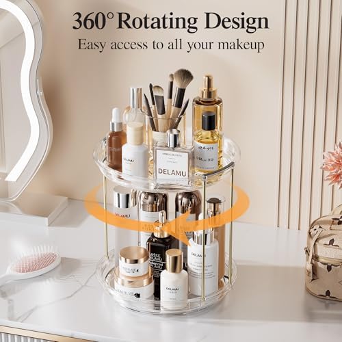 Delamu Rotating Makeup Organizer for Vanity, 2 Tier Bathroom Counter Organizer with Stackable Design, Spinning Skincare 