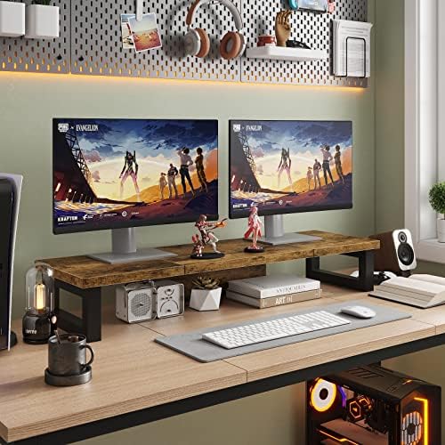 WESTREE Dual Monitor Stand Riser, Wood and Steel Monitor Stand Riser, Computer Monitor Stand for 2 Monitors, Multi-Purpo