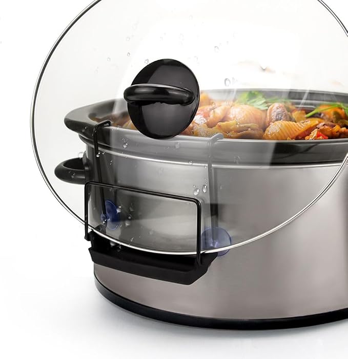 SOPHICO Crock Pot Lid Holder for Most Slow Cookers, Black, 2 Pack | Mess-Free & Hands-Free Pot Lid Organizer while Cooking, Keeps Countertop No Mess, Stainless Steel Rack with Silicone Sink
