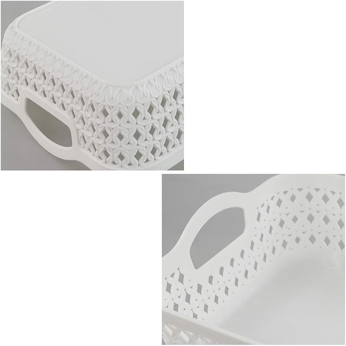 White Small Shallow Plastic Storage Tray with Handle, 6-Pack | Carry Handles, Durable Plastic Construction, Shallow Storage Tray, Multi-Purpose Basket, for Home Kitchen Bathroom