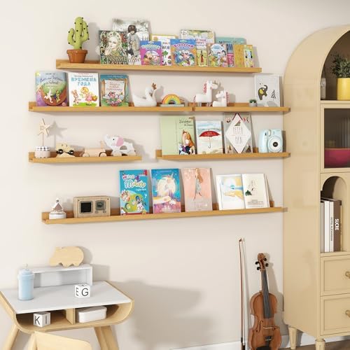 Fun Memories Picture Ledge Shelves Set of 2, 55 Inch Rustic Wall Mounted Floating Shelves with Lip for Home Storage and 