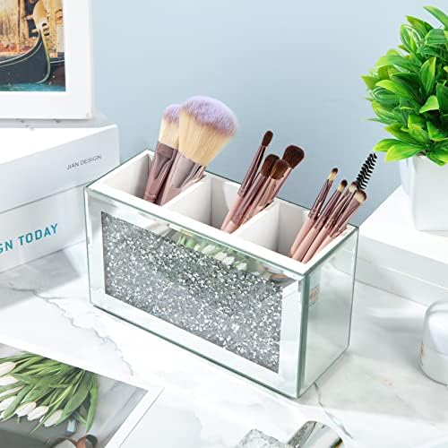Tanlade 2 Pcs Mirrored Makeup Brush Holder Remote Holder, Mirrored Makeup Organizer with Crushed Diamond Crystals, Vanit