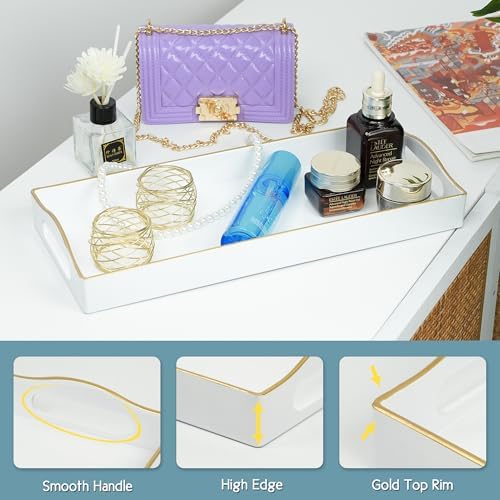 Gifturbo White Bathroom Vanity Tray,Gold Edged Decorative Tray with Handles, Small Rectangular Counter Tray for Perfume,