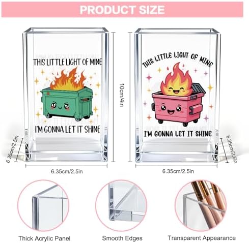 This Little Light Of Mine I'm Gonna Let It Shine Funny Acrylic Cosmetic Pencil Pen Holder Cup Set 2, Cute Dumpster Fire Pen Holder for Desk Office, Mental Health Gifts for Women Men Teachers