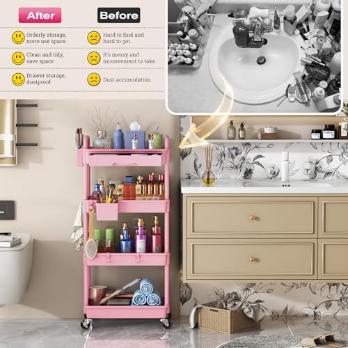 Goovilla Rolling Makeup Organizer Cart with Removable Drawer, 4 Tier Pink