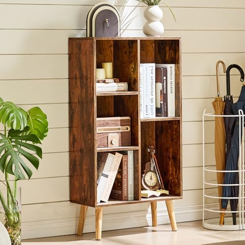 LEYAOYAO 5 Cube Bookshelf, Mid-Century Modern Book Shelf with Legs, Brown