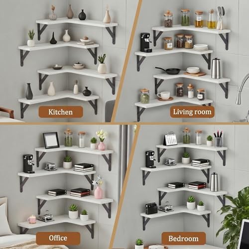 Set of 5 Corner Floating Shelves, Rustic Wood Shelves, White