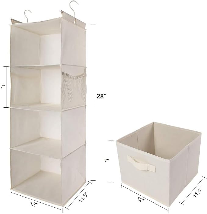MAX Houser 4-Shelf Hanging Closet Organizer, Space Saver, Cloth Hanging Shelves with 2 Side Pockets, Foldable (Beige)
