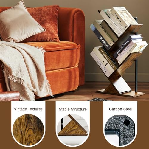 5 Tier Tree Bookshelf Floating Book Shelves for Wall Mount, Wooden Hanging Shelves Storage for Displaying Books/CDs/Maga