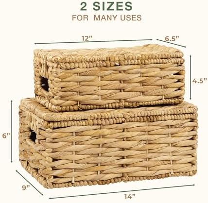 84ECO Set of 2 Wicker Baskets with Lid - Decorative Storage Boxes for Home Decor, Shelves - Woven Basket with Lid - Wicker Decor - Rattan Box - Decorative Bins with Lids (Natural)