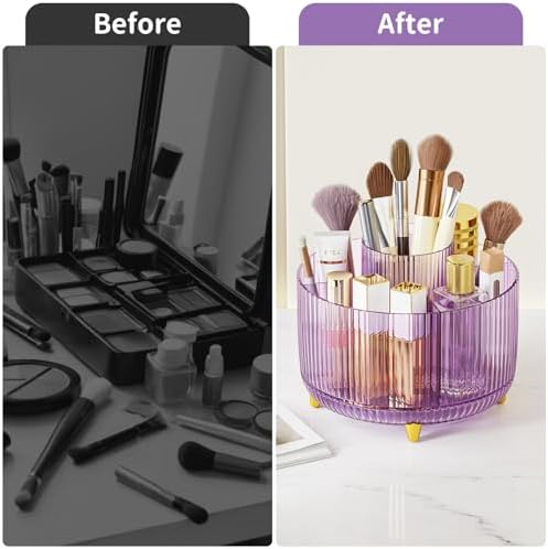Clear Rotating Makeup Organizer Countertop for Vanity, 360° Makeup Brush Holder Organizer with 5 Compartments, Transpare