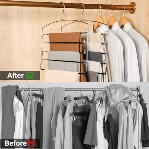 TOPIA HANGER Pant Hangers Space Saving 3 Pack with Non Slip 5 Tiers Hangers
