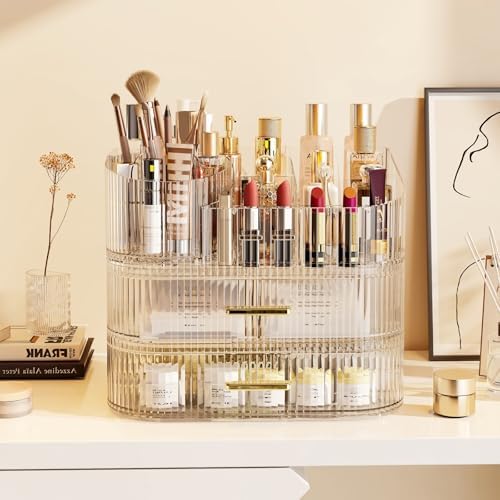 Large Makeup Organizer with Drawers, 360° Rotating Brush Holder
