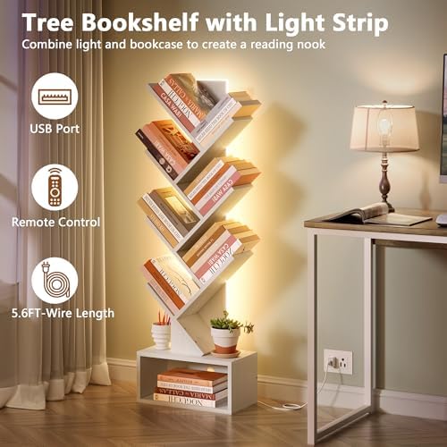 Hoctieon 6 Tier Tree Bookshelf with LED Lights, Small Bookcase, Freestanding Book Shelf, Display Floor Standing Storage 