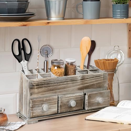 Besti Rustic Vanity Organizer for Cosmetics, Makeup, and Bathroom Accessories, Wooden Farmhouse Storage Box with 3 Drawe