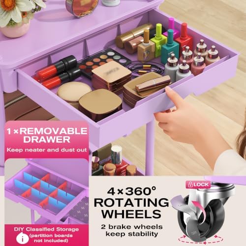 Goovilla Rolling Makeup Organizer Cart with Removable Drawer, 3 Tier Purple