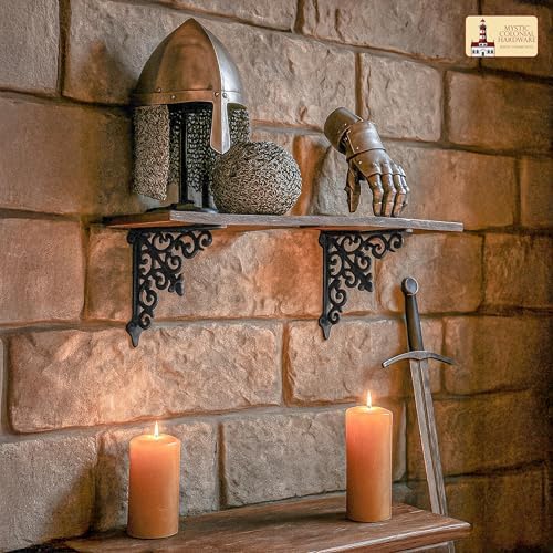 Mystic Colonial Medieval Cast Iron Victorian Scrollwork Shelf Brackets | 7-inch Heavy-Duty Wall Mount Supports with Blac