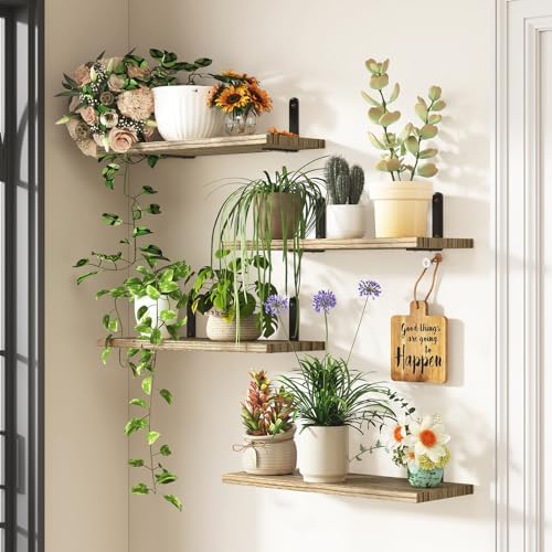 Fixwal Wall Floating Shelves for Room Decor, 4 Sets Floating Shelves for Wall Storage, Wood Wall Mounted Shelf for Bedroom Decor, Bathroom Storage, Book Shelf for Wall-Rustic Brown