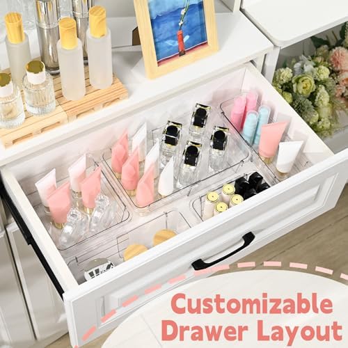 8 Pcs Medium Extendable Clear Drawer Organizer, All Adjustable Vanity Storage Box, 2-Size Desk Drawer Organizer, Acrylic Storage Bins for Makeup, Cosmetic, Bedroom Dressers Tool Organizer for Gadgets