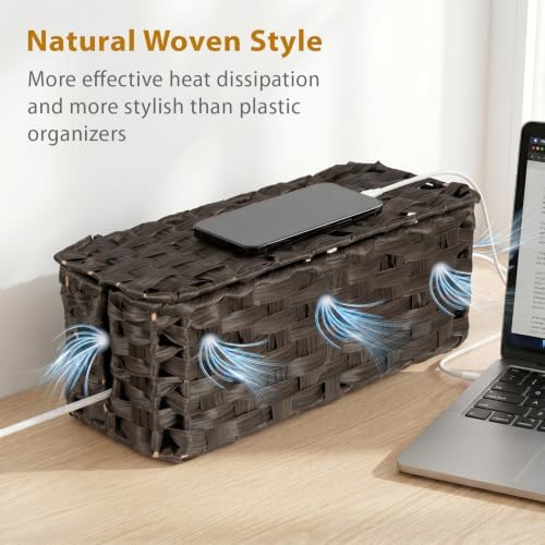 2 Pack Handwoven Cable Management Box with Lid, Decorative Cord Organizer for Power Strips, Chargers, TV Wires, Desk, Ho